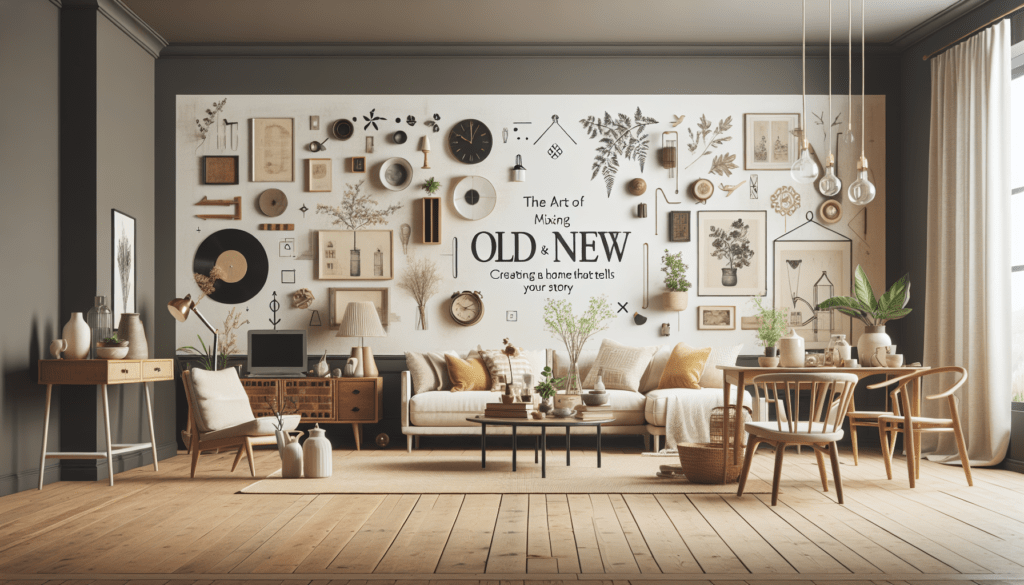 Modern living room with vintage wooden furniture and contemporary decor elements mixed together