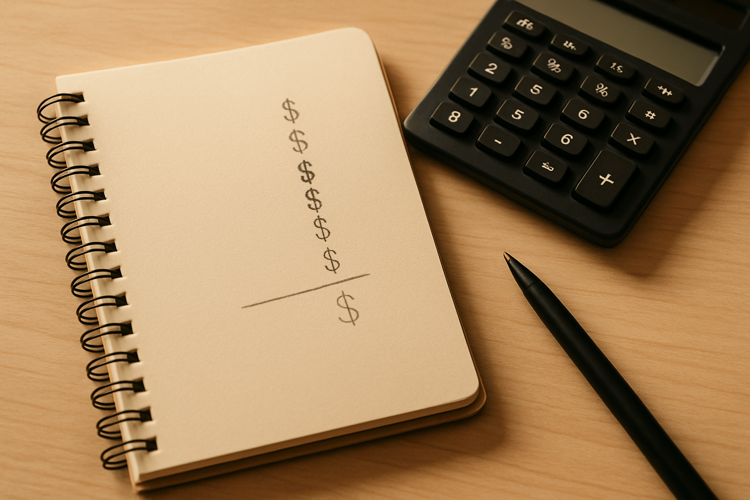 Notebook with emergency fund savings calculations and calculator on desk