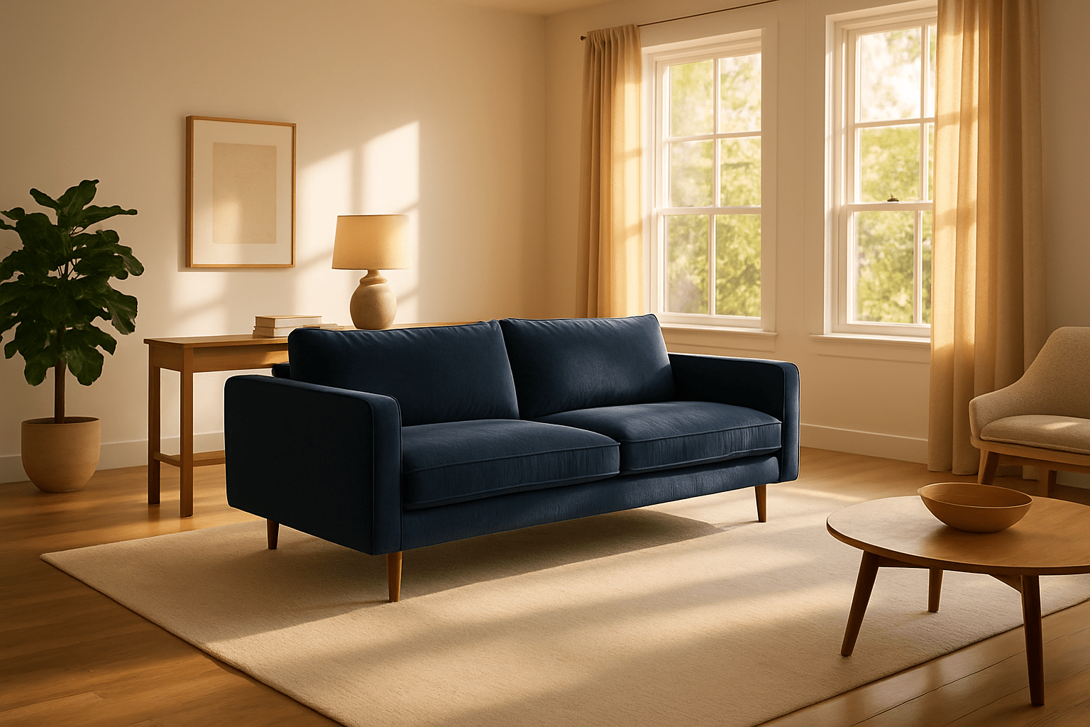 sofa floating in room center anchored by rug and console table
