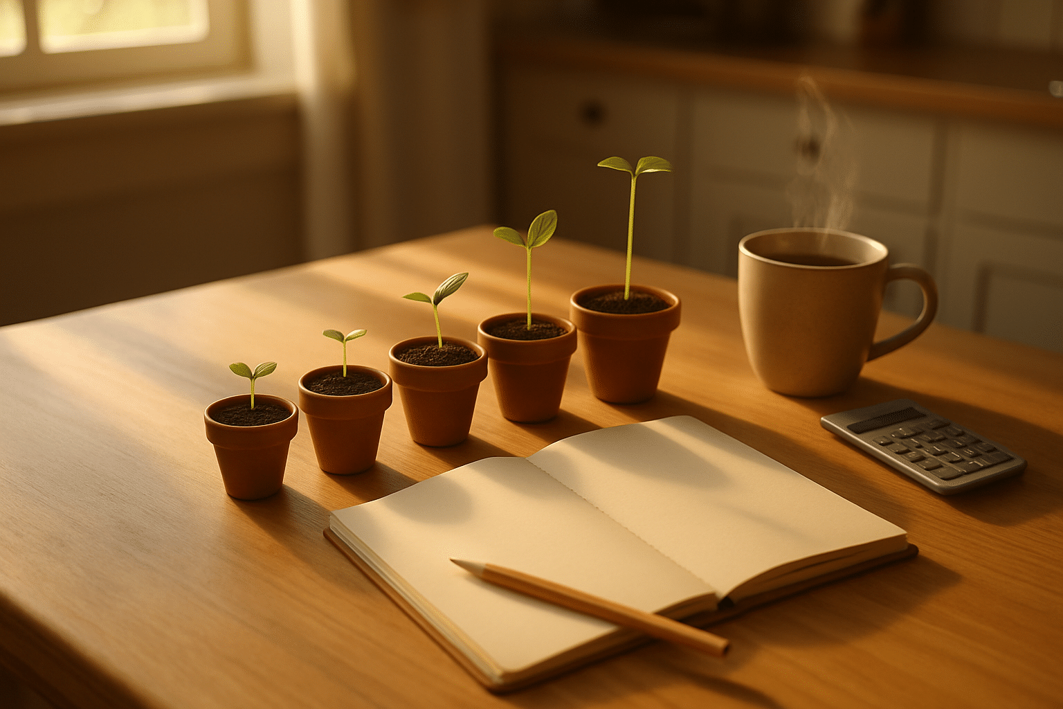 seedlings growing taller in pots beside notebook and calculator